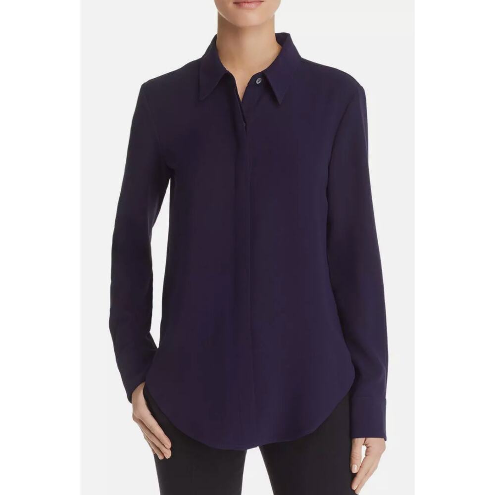THEORY Sunaya Point Collar Concealed Button Crepe Georgette Blouse Size S $235